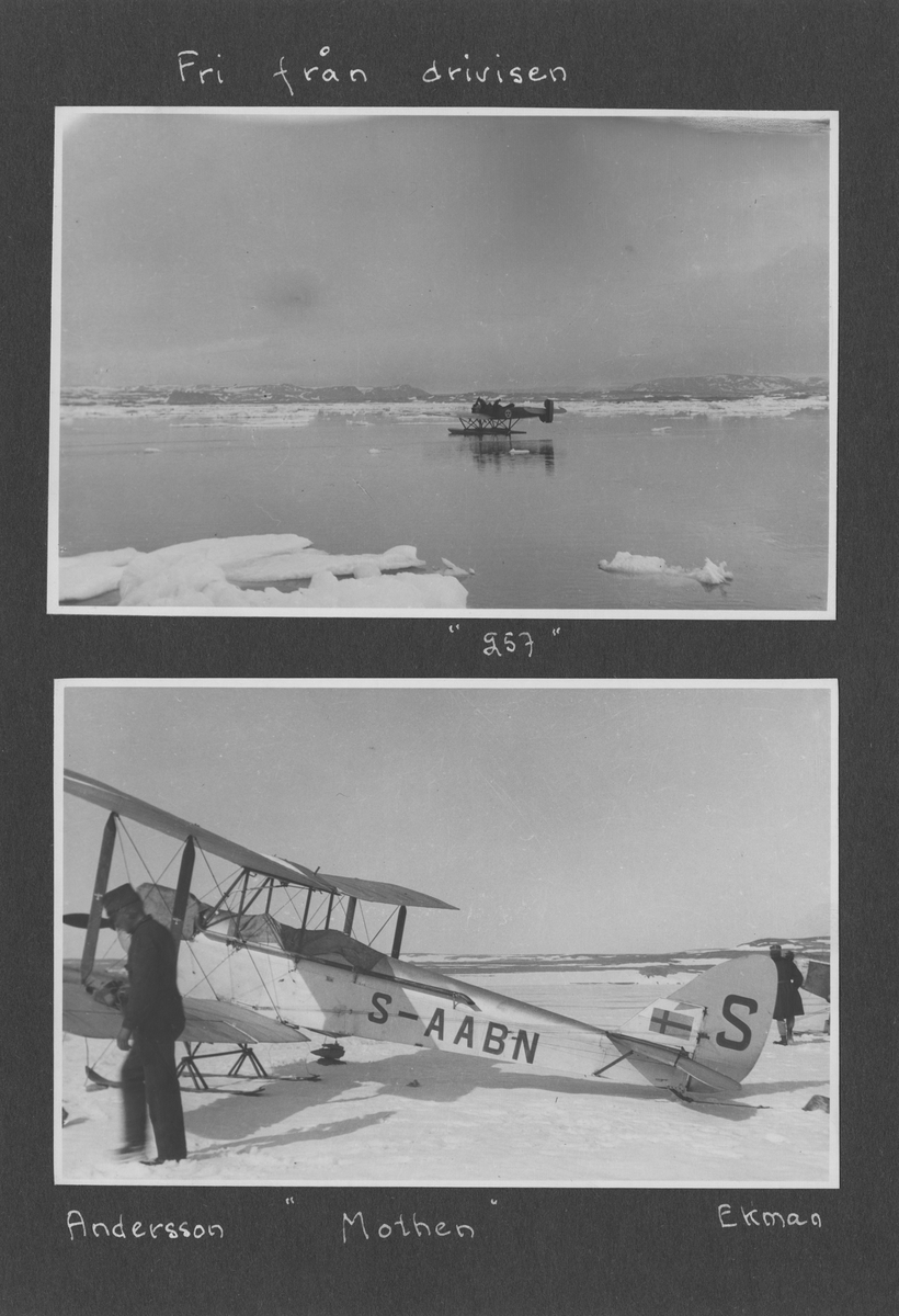 Svenska Spetsbergsexpeditionen 1928, band 2.    Band 2 av 5 dokumentationsalbum från svenska Spetsbergsexpeditionen år 1928, där Umberto Nobile och besättningen på luftskeppet Italia räddades.  49 fotografier monterade på 27 albumblad.    Motiv: Räddningsexpedition av Umberto Nobile, lägret vid det kraschade Italia-fartyget; Einar Lundborgs strandad på isen, tillbaka i lägret efter räddning.  Personer, flygplan, natur, omgivningar, mm.