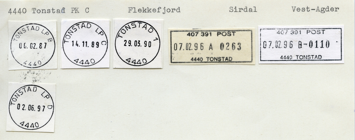 Stempelkatalog 4440 Tonstad (Siredalen, Siredal), Flekkefjord, Sirdal, Vest Agder