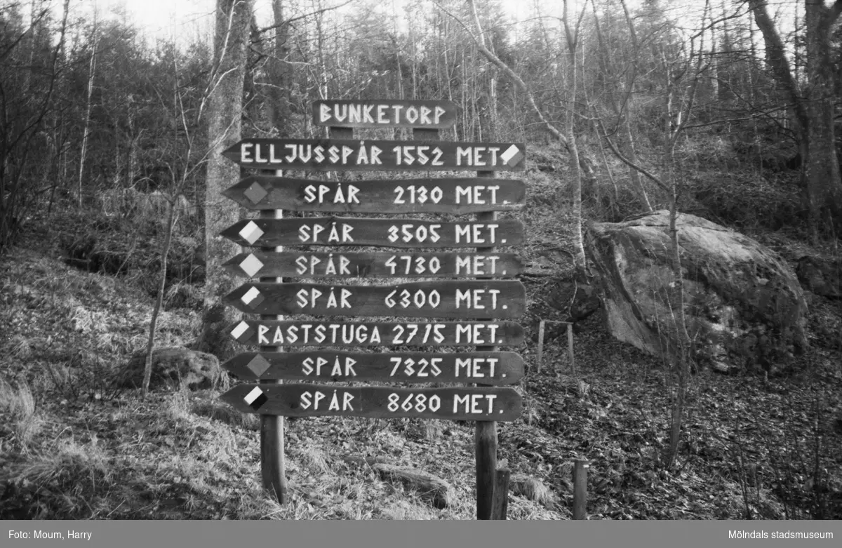 Skylt som visar de olika vandringslederna i Bunketorp, Lindome, år 1983. "Det finns mycket att välja på ifråga om spår för vandrare och löpare vid Bunketorp. Bilden ger syn för sägen.

För mer information om bilden se under tilläggsinformation.