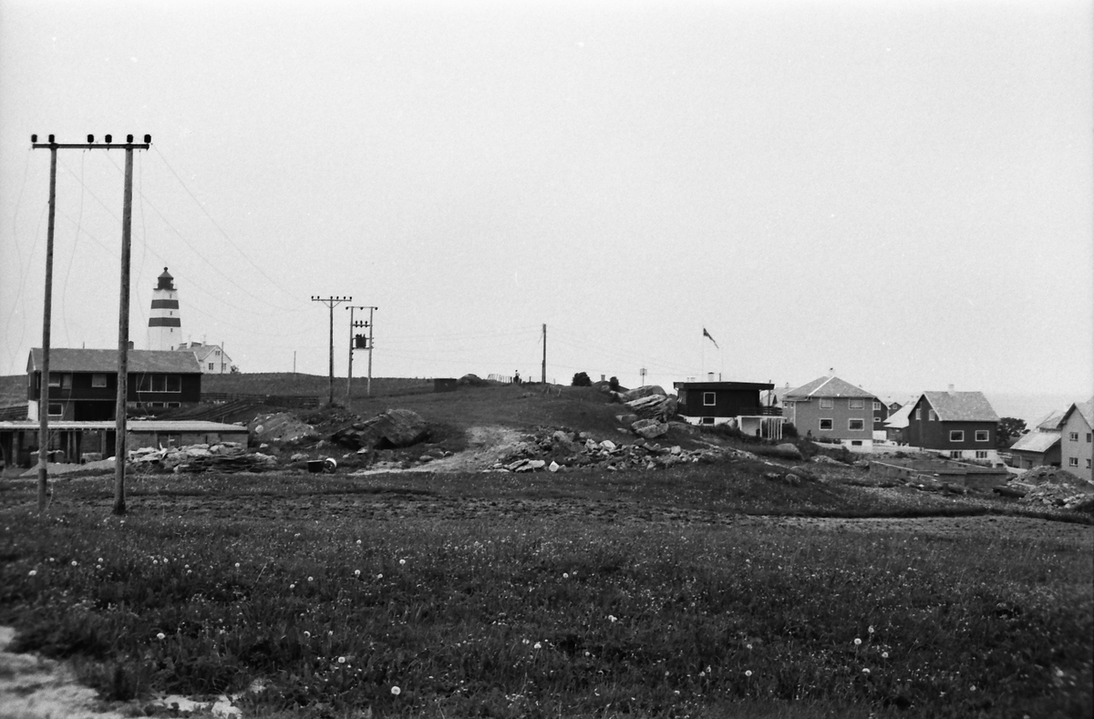 Parti ved Alnes fyr på Godøy. Flere hus og en strømlinje i forgrunnen.