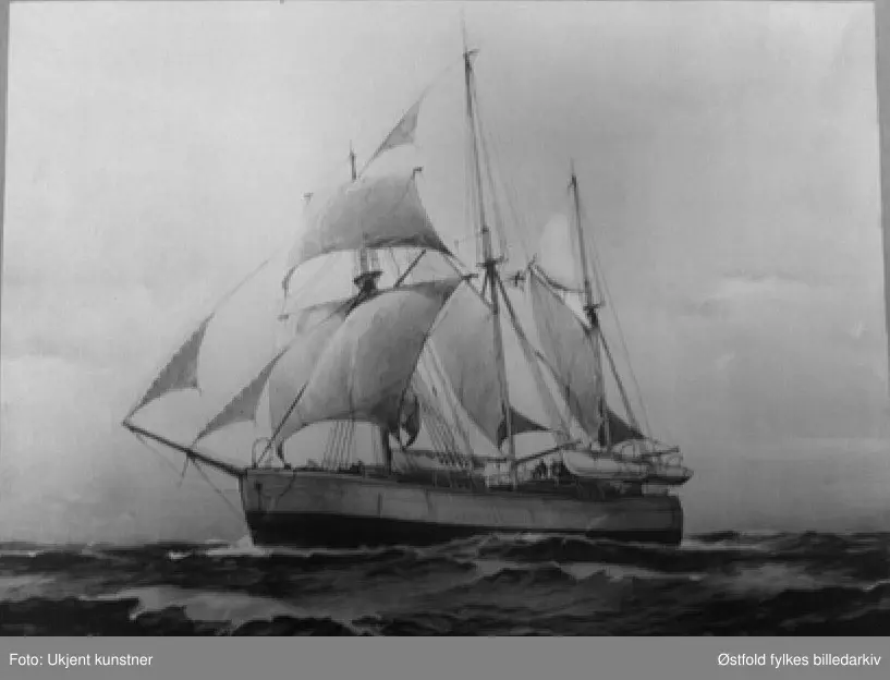 Skuteportrett av skonnertbrigg, også kalt brigantine, avfotografert s/hv trykk.
Signert E. Gjerding(?)

Kan det være maleri av Fram?