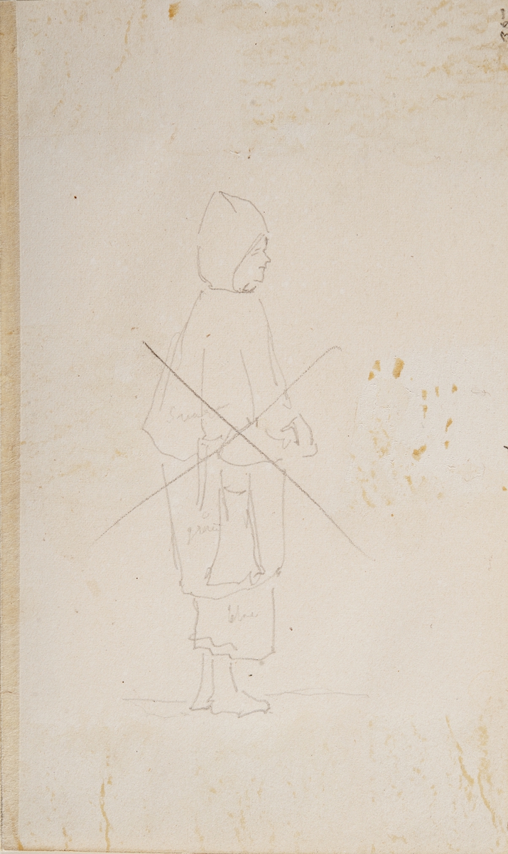 Framsidan. blyertsskiss Konturteckning av tjalk,. st b sida, två förstag segel, bredfock och gaffelsegel. 
Frånsida: Överkorsad figurskiss, obetydlig.