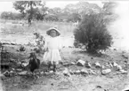 'Diverse fotografier från bl.a. dåvarande Nordrhodesia, nu Zambia, tagna av Konsul Magnus Leijer. ::  :: En flicka stående vid en grusväg. Snett framifrån rör sig en fågel på marken. I bakgrunden, gräs, buskar och träd.'