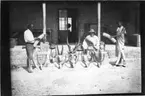 'Diverse fotografier från bl.a. dåvarande Nordrhodesia, nu Zambia, tagna av Konsul Magnus Leijer. ::  :: 1 st man sittandes på trappan till tegelbyggnad. Framför honom är diverse monterade horn, även elefantfötter etc. 2 st män håller varsin elefantbete.'