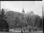 Naturhistoriska museet i Slottsskogen, sett från Linneplatsen. 1 kvinna och 1 barn promenerar i Slottsskogen nedanför.