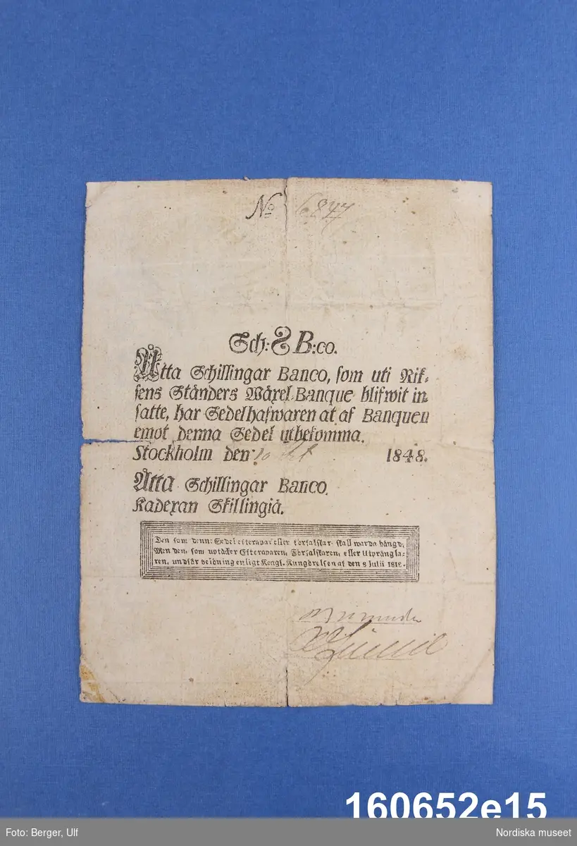 Riksens Ständers bank, 8 schillingar banco. Daterad Stockholm 10 okt 1848, nr 6847.