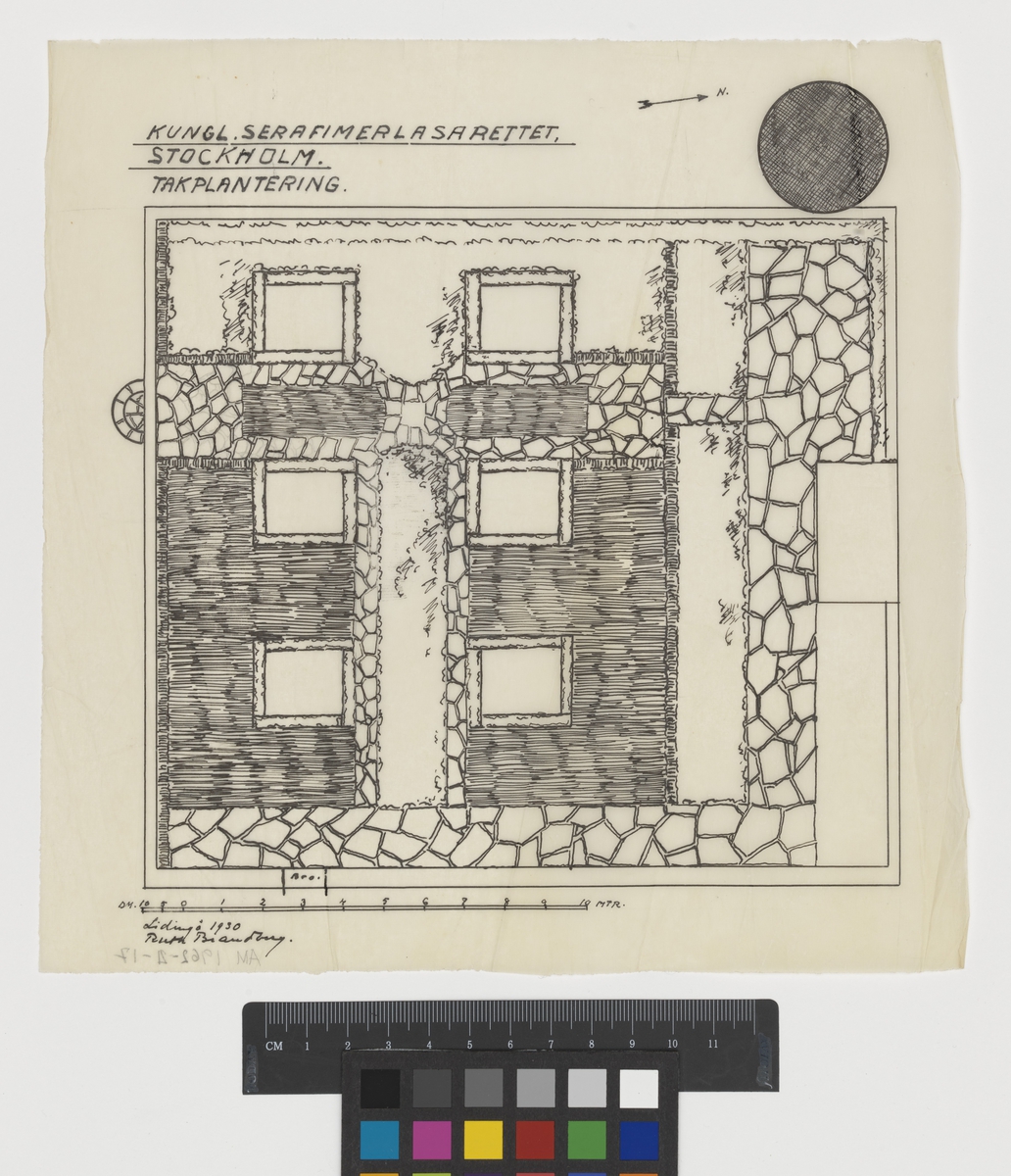 Kungl. Serafimerlasarettet. Förslag till ändring av parken., Takplantering