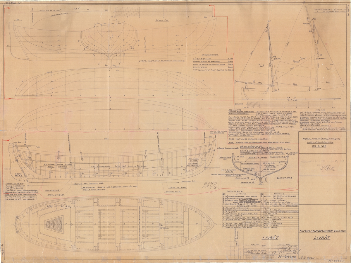 Plan, profil, spant och segelritning. Livbåt till fpk Gotland