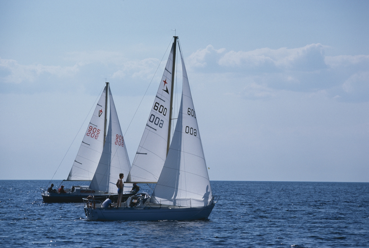 Två segelbåtar på Vänern. I förgrunden Albin Viggen HIKKADUUVA, i bakgrunden en Albin Vega.