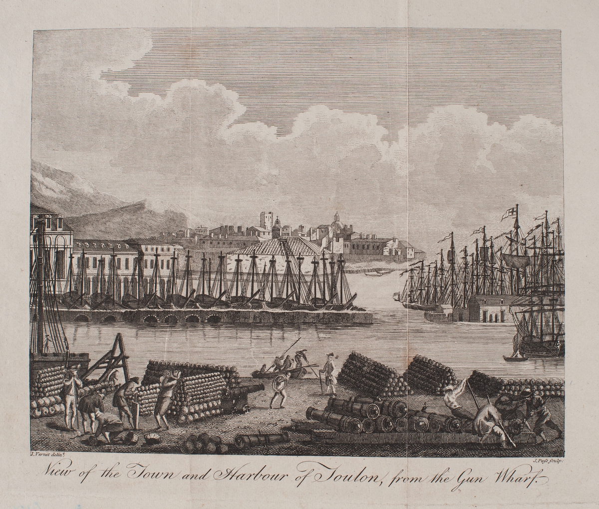 Staden och hamnen Toulon, Frankrike, sedd från kanonskeppsvarvet omkring 1600-talet.