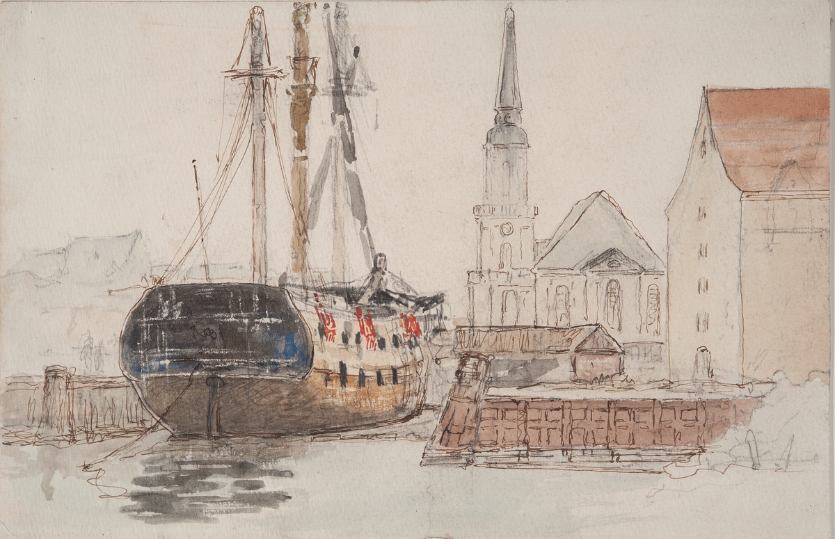 Framsida: Hamnbild, i förgrunden th en kaj, med korsvis sammansatt kajklädning. På kajen magasinshus, vid kajhörnet går en bassäng in, i denna ett skepp med nedriggade rår. Skeppet ses snett akterifrån, rösten och jungfrur med taljerep angivna i röd färg, i bakgrunden en kyrka med en kampanil. 

Frånsida; En brigg med nedtagen fockbramstång och beslagna segel liggande i en till synes kanal, visande st.b. sida.