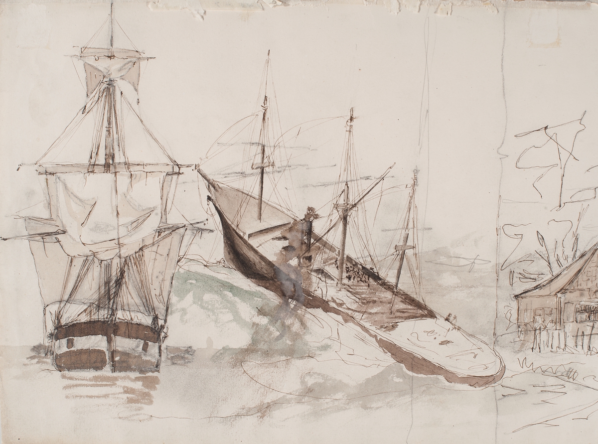 Framsida: Kinesiska segelfartyg, i förgrunden en djonk visande, tvåmastad med loggertsegel, seglen utspända med tvärställda sprin, flaggspel i hacket med flagg, därbakom till höger ett tremastat liknande segelfartyg med förliga och aktra masternas segel nedtagna och blott stormastens loggertsegel satt. “ Merchant Lorchas Employed in Canton eft. Illustr. Lond. News 697 “ 

Frånsida: Större segelfartyg, örlogsman (?) med segel hängande till tork, sedd rätt över stäv förifrån. Skrovet svart med portmålning, i mitten av 3-mastad råriggad skruvångare i marvatten, i kanten del av en envåningsbyggnad med utbygge.