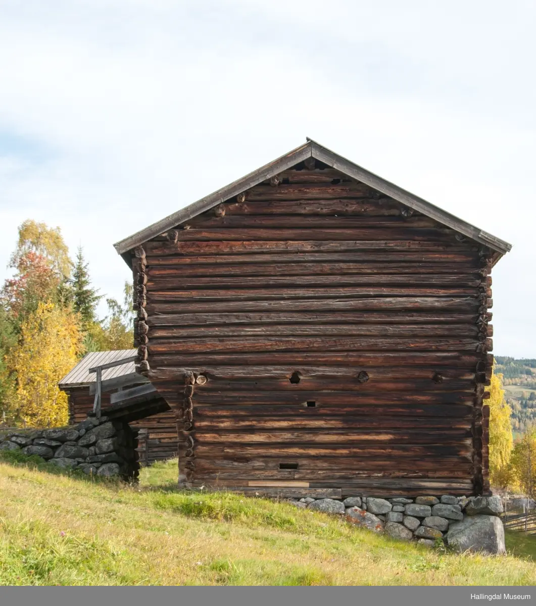 Dette er en stall med trev.  Den er sammensatt av flere tømmerhus som trolig er bygd en gang mellom 1825 og 1850 her på Skaga.  Annen etasje er utkraget og den har bordtak.