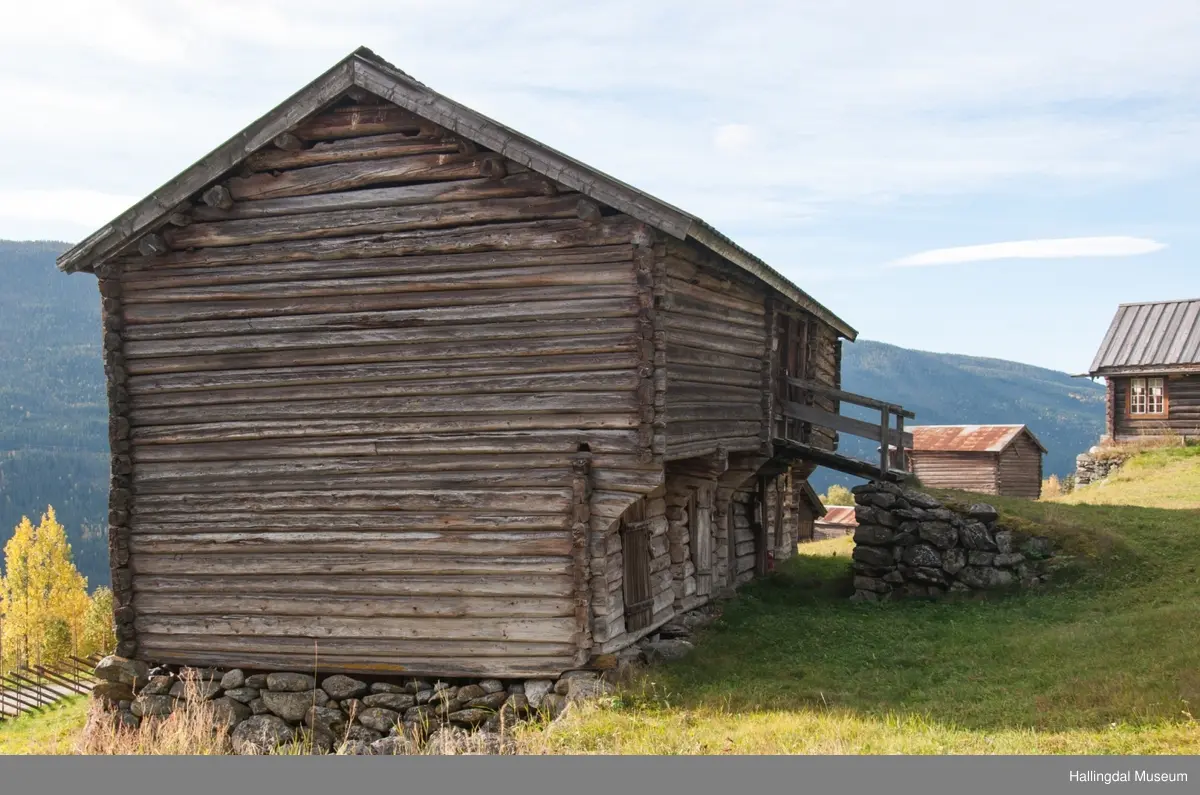 Dette er en stall med trev.  Den er sammensatt av flere tømmerhus som trolig er bygd en gang mellom 1825 og 1850 her på Skaga.  Annen etasje er utkraget og den har bordtak.