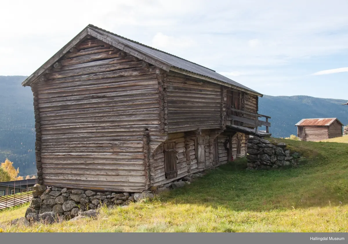Dette er en stall med trev.  Den er sammensatt av flere tømmerhus som trolig er bygd en gang mellom 1825 og 1850 her på Skaga.  Annen etasje er utkraget og den har bordtak.
