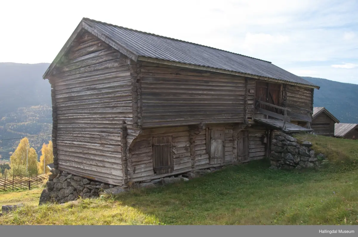 Dette er en stall med trev.  Den er sammensatt av flere tømmerhus som trolig er bygd en gang mellom 1825 og 1850 her på Skaga.  Annen etasje er utkraget og den har bordtak.