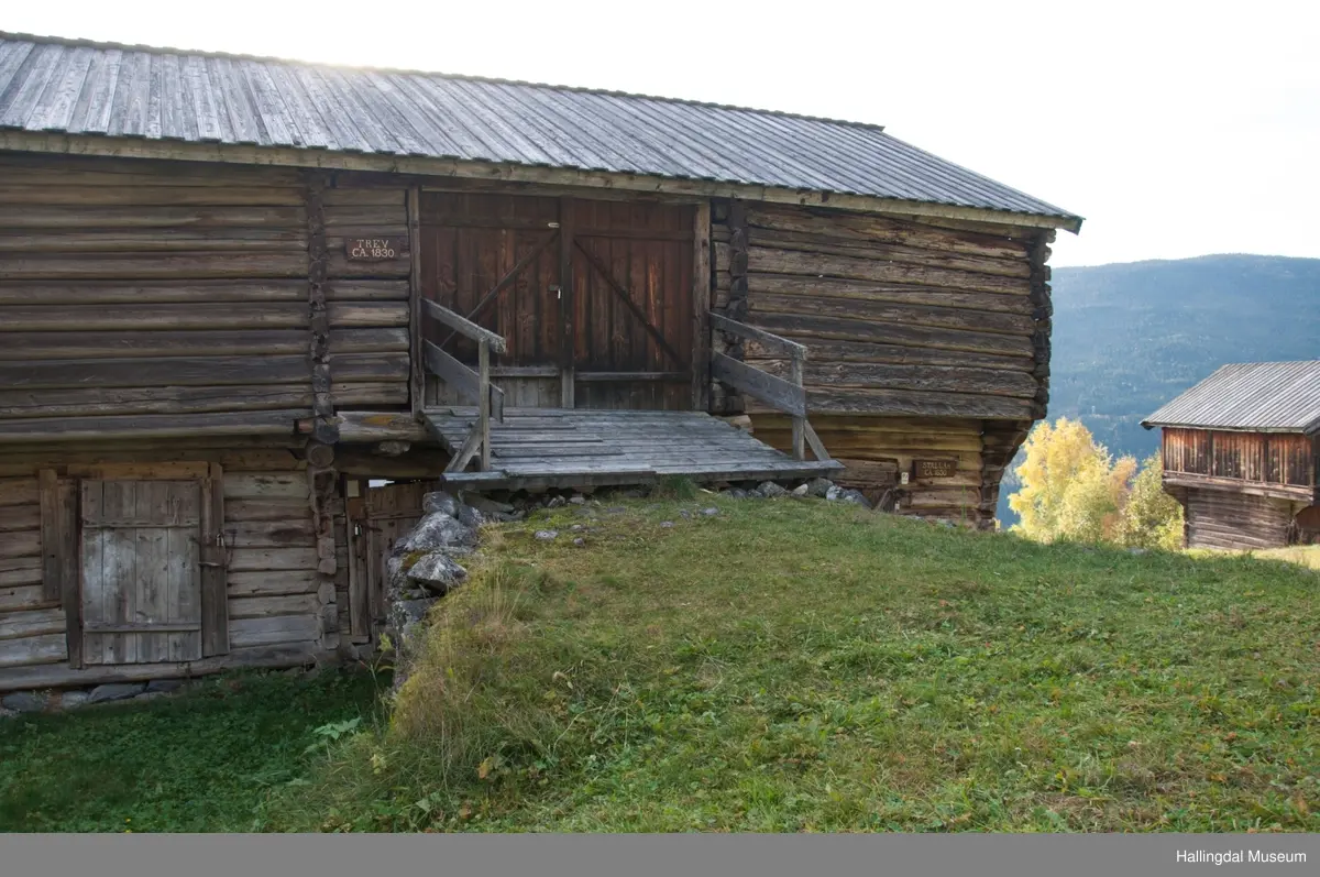 Dette er en stall med trev.  Den er sammensatt av flere tømmerhus som trolig er bygd en gang mellom 1825 og 1850 her på Skaga.  Annen etasje er utkraget og den har bordtak.