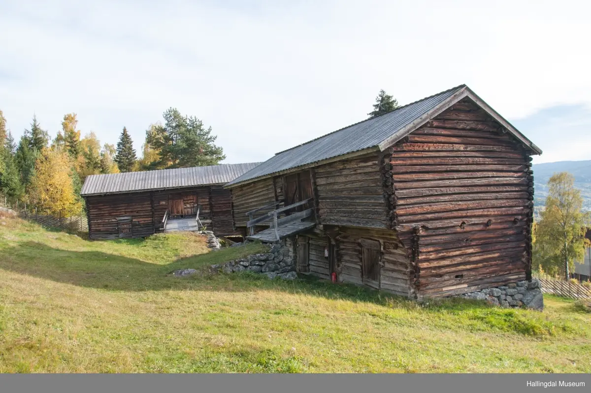 Dette er en stall med trev.  Den er sammensatt av flere tømmerhus som trolig er bygd en gang mellom 1825 og 1850 her på Skaga.  Annen etasje er utkraget og den har bordtak.