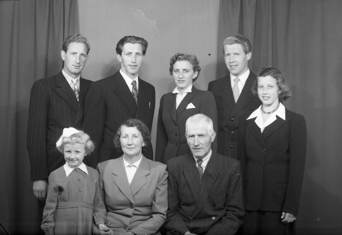 Familiegruppe,jakke,kjole
Framme frå v.Gerd Ødegård,Kari Dekko Ødegård,Knut og Ambjør Ødegård.
Bak frå v.Alfred,Asle,Marie og Arne Ødegård.