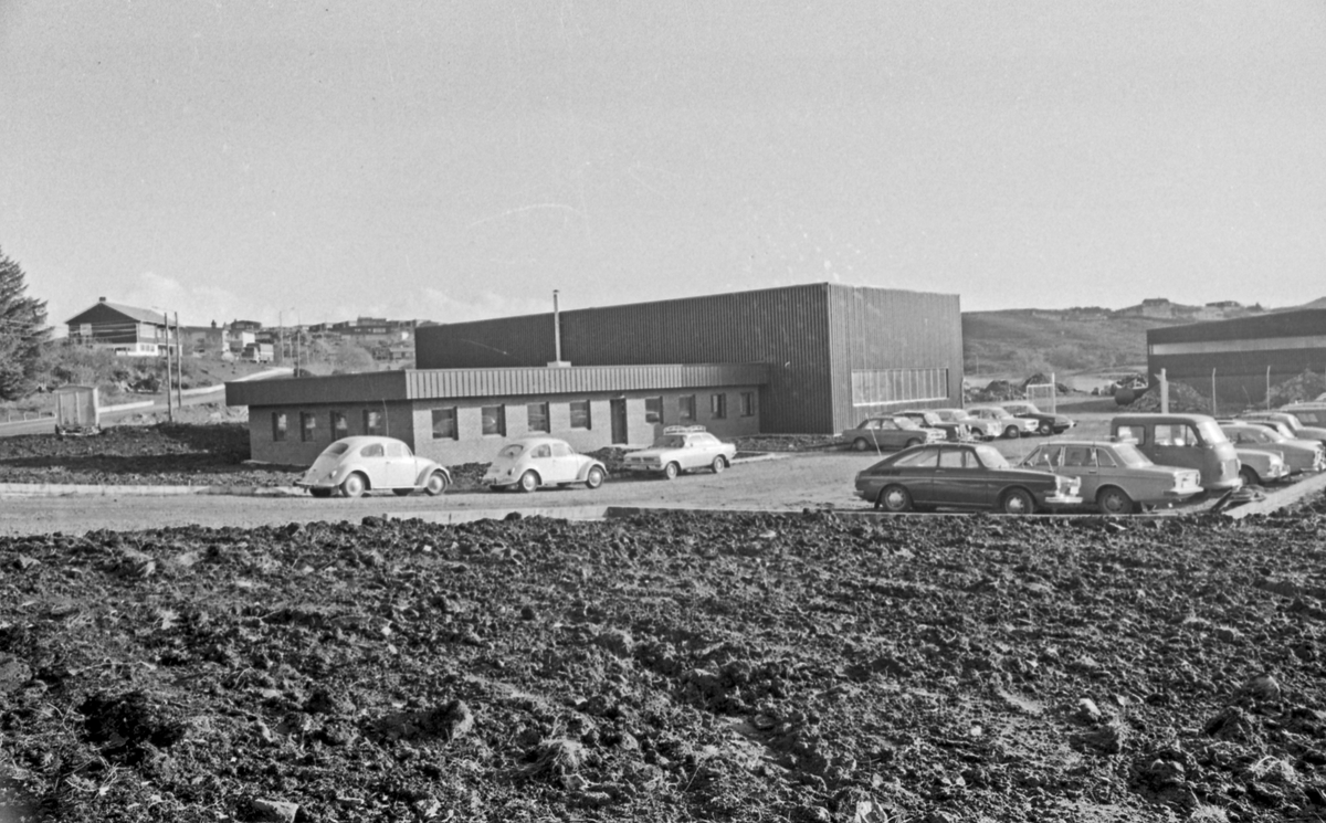 Statens Vegvesen. Murbygning. Parkerte biler. Åpent landskap.