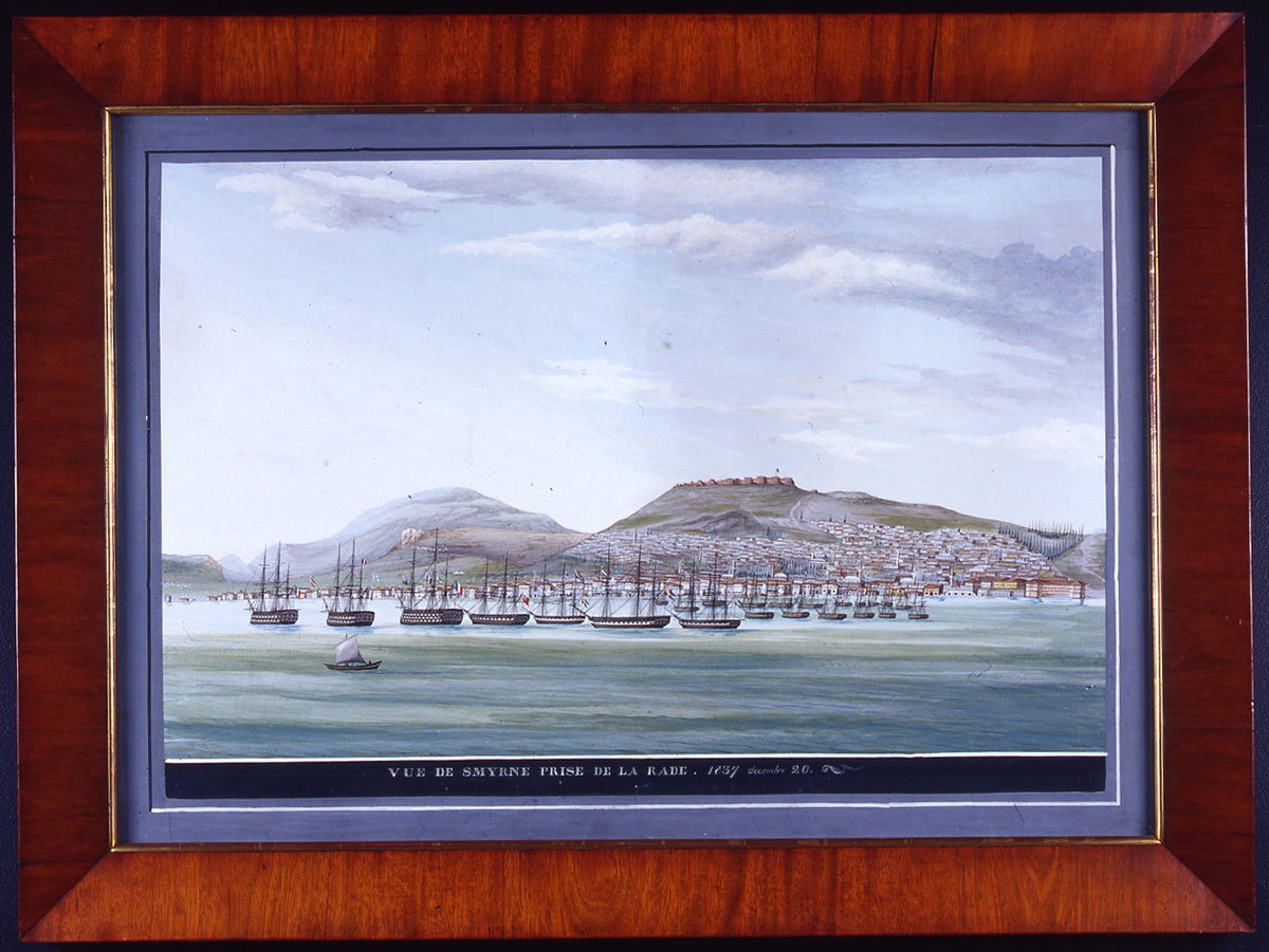 Smyrnas redd. Bland fartygen återfinns tre svenska, möjligen fregatten Josephine samt korvetterna Najaden och Örn (norsk). Flottparad på Smyrnas redd 1837.