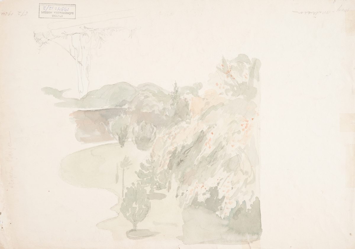 Framsida: Segelfartyg vid flod, samt mindre båtar, i bakgrunden stad. 

Baksida: Skiss till landskap (i hörnet upp och ner daterat till 1854)