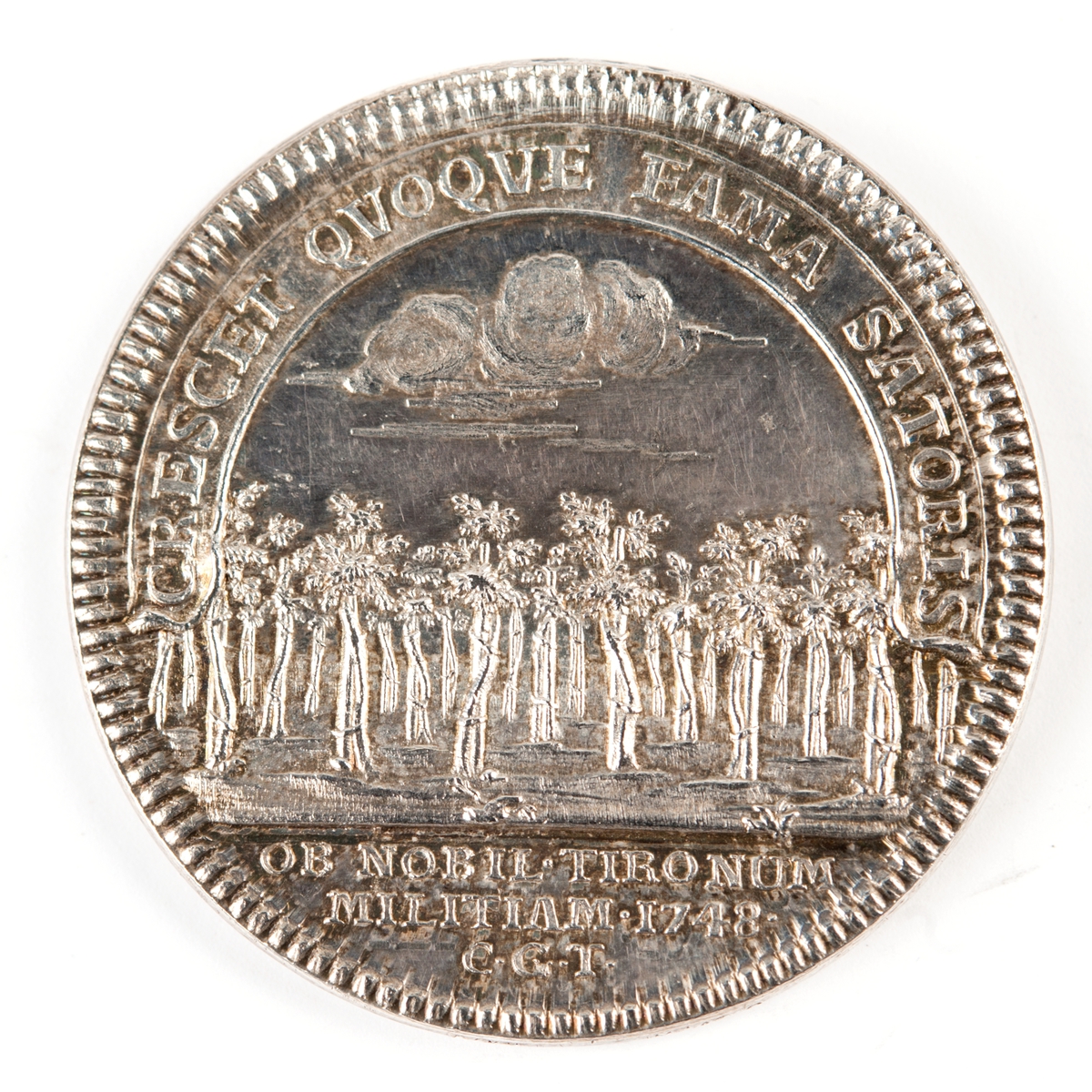 Åtsida: Bröstbild av Adolf Fredrik
Frånsida: en tuktad trädgård med moln.