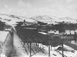 Fiskehjeller ved fjæra i Hammerfest. Ved hjellene går en sti