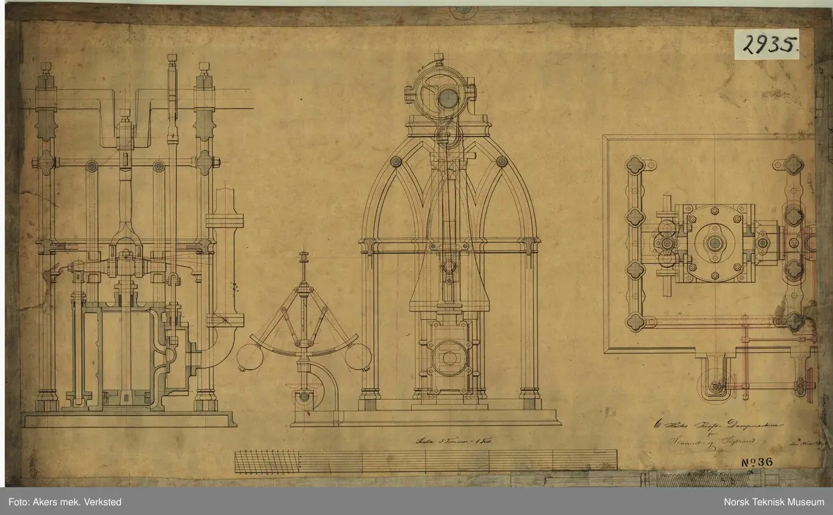 Dampmaskin, 6 HK stasjonær dampmaskin i gotisk stil konstruert ved Akers Mek. Verksted, Oslo 1852