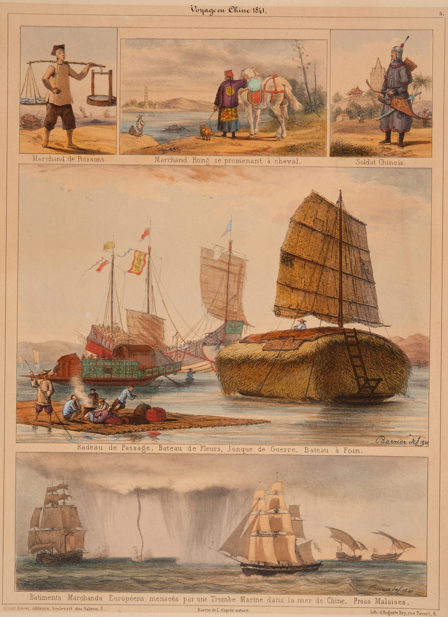 Fiskförsäljare, krigsdjonker, europeiska fartyg i tromb, kineisk soldat etc. Allt under rubriken: Resa i Kina 1841.