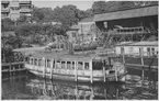 Djurgårdsvarvet i Stockholm, 1951-05-19. Uppe vid slupskjulet (t höger på bilden) ligger SÅAs Flora under ombyggnad, som var klar 1952.