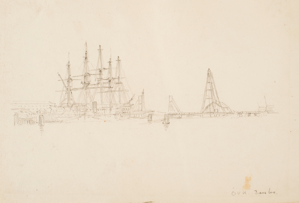 Hamnparti med större segelfartyg jämte fort och byggnader. Bemannade roddbåtar samt folktyper.