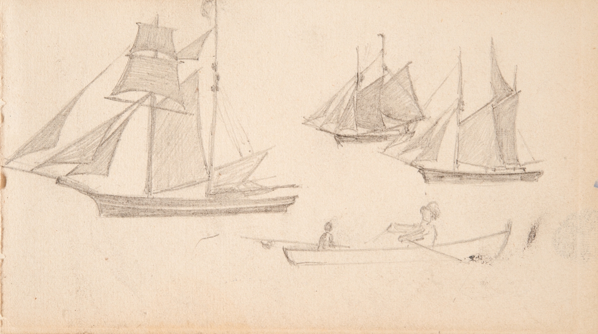 Framsida: Roddbåt och tre stycken skonare
