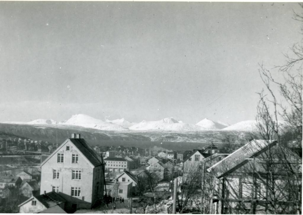 Narvik. Oscarsborg, Til venstre: Håreks gate 5.  Hågensen-gården. I dag Frode Sommersel. Bygd 1928. I bakgrunnen ser vi Herjangsfjorden og Grovfjordfjellene.