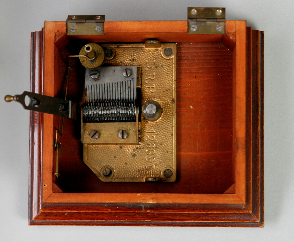 Urverk med spilledåse. 30 toner. 11,5 cm-metallplater.

Bordur med spilledåse som utløses ved programmert alarmtime. Spilledåsen har stålkam. En plate, med pigger på undersiden, er programmert med en melodi og kan skiftes ut.

Korpus
Kasse av nøttetre. Selve urkassen med ur-, slag- og spilleverk er montert på en sokkel som inneholder en liten platespilledåse. Denne utløses en gang /12 timer. Alarmen stilles ved å skru på en liten tallskive på urverkets bakside.  Det er en dør på baksiden av kassen.

Toner.
30 toner på en stål-kam, montert sammen med rekke med stjernehjul på en bunnplate av messing. Flat låsarm over halve metallplaten.

Tonerekkefølge og posisjon.
Bass-toner medial - diskanttoner distal, fra sentrum betraktet .

Avstand mellom 10 spor: 13,1 (mm, ca)
Avstand sentrumsaksling – første spor:  13,7 mm
Total bredde spor:  38,0 m, ca

Drivsystem.
Liggende perifert tannhjul som griper tak i tenner på enden av platen. Fjær og opptrekksmekanisme i urverket forbundet ved akslinger. Muligens kan hastigheten (på spilledåsen) endres ved en spak på baksiden av urverket. Sentrumsaksel (Ø=8,0) kun støtte, driver ikke plate.

Patent «"L.R.P. 126993"» avser trolig dempingssystemet som sitter festet rett på akslingene for stjernehjulene.