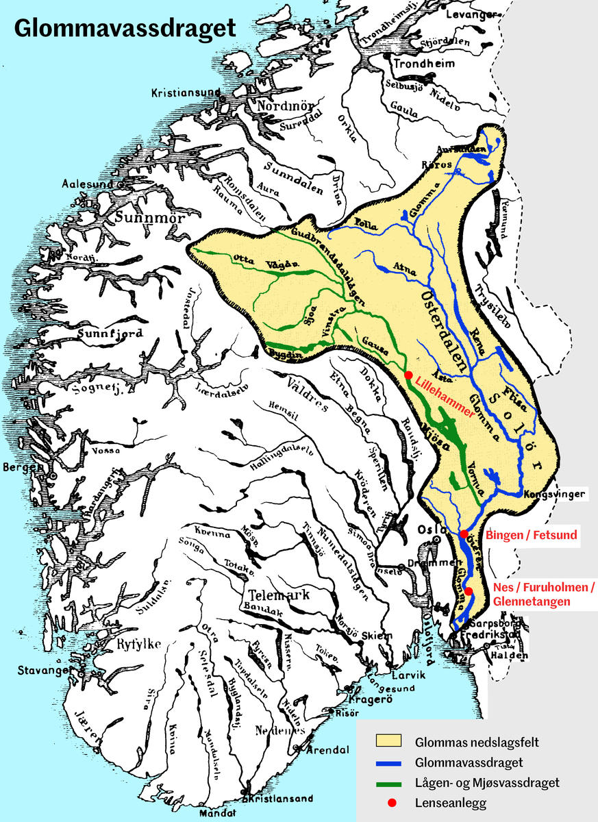 Kart over Glommas nedslagsfelt.