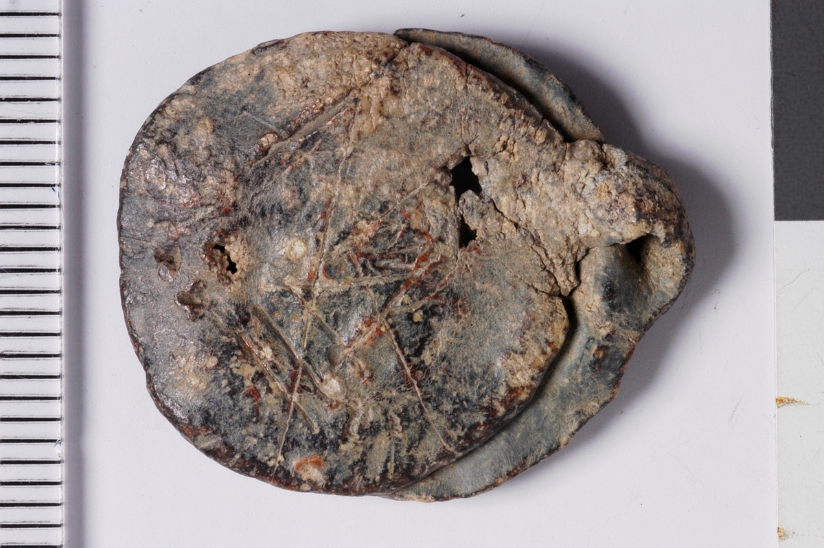 Vareplombe med to plaketter og streng bevart. Advers plakett er hel mens revers plakett er hullet etter naglen. Begge sider har rester av preg, revers plakett har preg av noe som kan være et våpenskjold, advers plakett er ubestemt. 