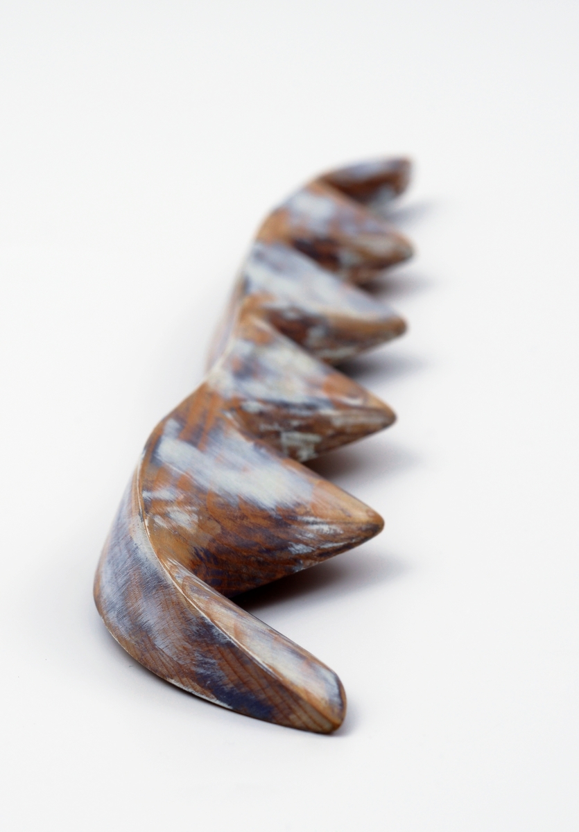 Avlang brosje i balsatre med trekantet tverrsnitt. Oversiden har bølgeform langs den ene kanten, sagtannsnitt langs den andre. Oversiden er flekkvis malt med hvit og blålig maling. Brosjen har to stålklips på baksiden.