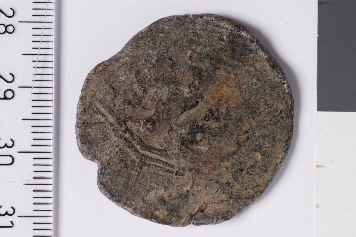 Vareplombe bestående av en plakett samt naglen. Gjenstanden har tegn til preg på ene siden, mulig skjoldmotiv of deler av en legende. 