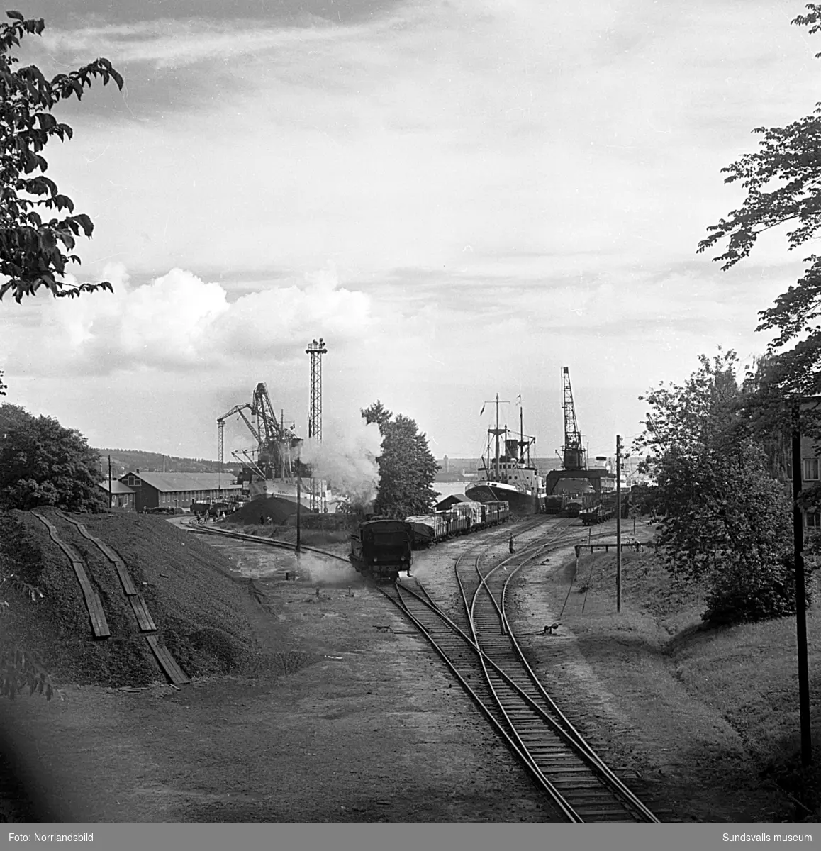 En serie bilder från verksamheten i hamnen i början av 1950-talet. Båtar, pråmar, kranar, kolhögar och magasin.