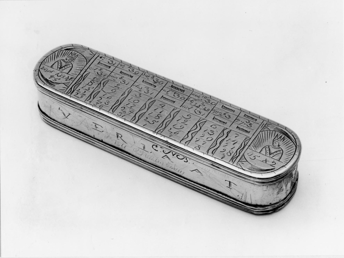 Tobakslåda av mässing från 1781. Rektangulär med rundade hörn. På lockets översida är en evighetskalender ingraveriad under botten en distanstabell. På främre långsidan VERLAAT (lämna) och initialerna CNB. På andra långsidan DE WERELT (världen).
Dosan kallas på engelska: "Dutchman's log-timer" eller "Dutch seaman's tobacco box". Utförd i mässing 1781, rektangulär med rundade hörn.