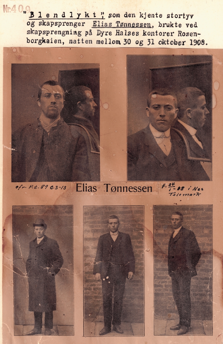 Montasje med 5 foto av Elias Tønnesen på en plate. Platen med bilder og tekst har nederst en påfestet plate for utstilling av "lykten", som er en sekskantet teboks, dekorert med blomster, og med to små hull for lyset. Teboksen inneholder en talglysstump.