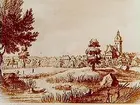 Örebro stad åt östra sidan, staden och Nikolaikyrkan.
Efter gravyr av Akrel 1785. Ritad av Gustaf af Sillén.