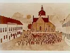 Drottning Desiderias färd i vagn över Stortorget den 10 september 1835.
Nikolaikyrkans tornhuv.