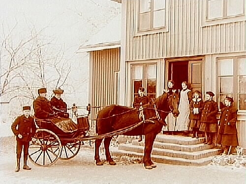 Envånings bostadshus, med inredd vind med frontespis. Häst spänd för en ...
