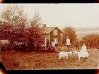 Bostadshus, fem personer och två geter framför huset.
Sam Lindskogs familjebild.