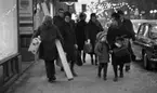 Julrusch 24 december 1965

En kvinna går på den folkfyllda trottoaren med flera stora paket, bl. a. ett långt som troligen innehåller skidor.