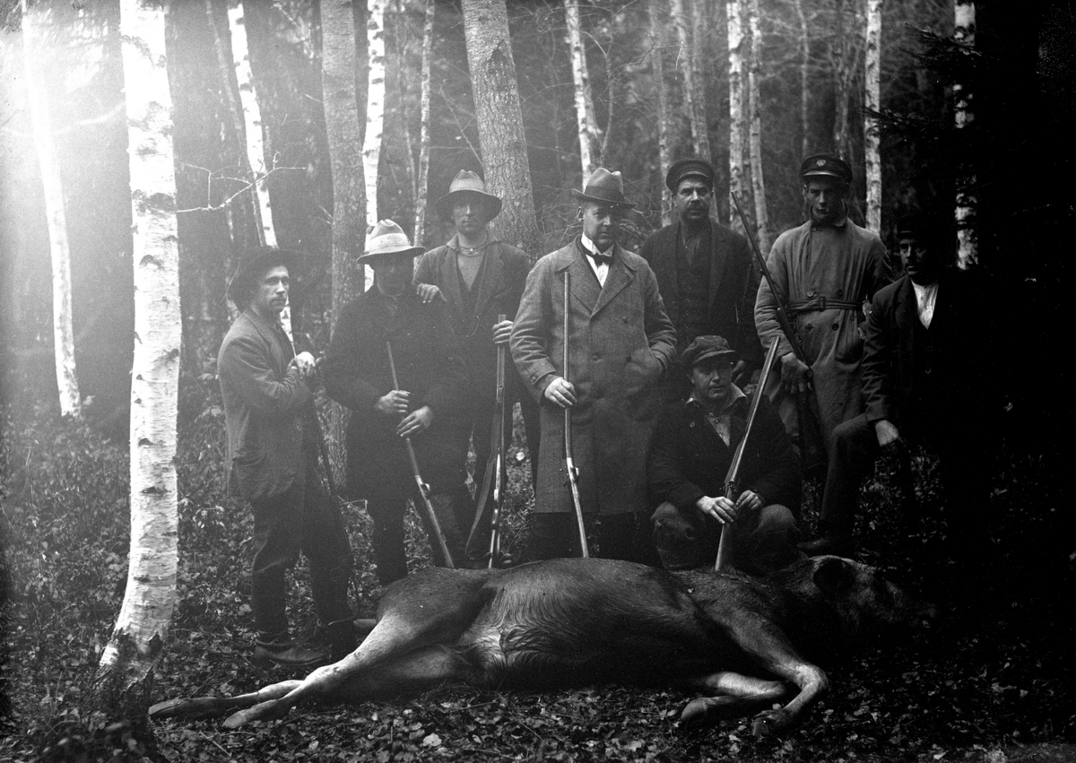 Jatklag, jägare med gevär och en älg.
Första från vänster Helge Lennartsson. Första från höger (stående) Anton Hallberg, född 1890- 03-26 i Ohio, USA, död 1984 i Svennevad.
Fjärde mannen från vänster: Arthur Hallberg, född 1885-08-07 i Ohio, USA, död 1963-08-13 i Svennevad.
Andre mannen från höger kan vara Bertil Stenholm, född 1911-11-08 i Svennevad, död 1999-07-15 i Örebro. Son till Arvid Stenholm.
