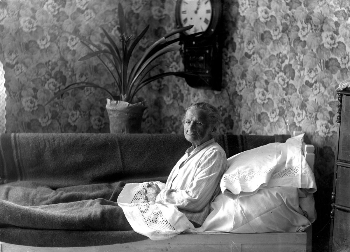 Rumsinteriör, en äldre kvinna i sängen.
Clara Gustava Gustafsdotter (född 1833-08-24) vid Kratorpsviken i Svennevad på 100-årsdagen.
(Sigrid Hallbergs farmor).