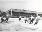 Bandymatch mellan Sverige-Finland vid Eyravallen.
 Situation Finland-Sverige. 
Pecka Hagström Finland gör mål.